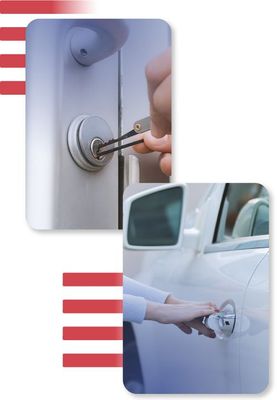 Image Collage of a Technician Opening a Locked Door with Lock Picking Tools and a Customer Unlocking Her Car's Door.