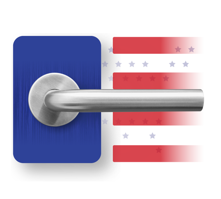 Decorative Image Of A Metal Lever Lock With The American Flag In the Background