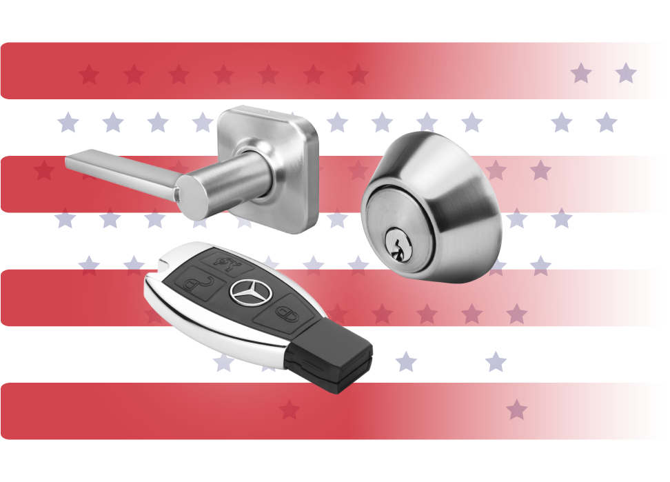 A Collage Of A Lever Lock, A Metal Doorknob, And A Push-To-Start Car Key On A Decorative American Flag Background