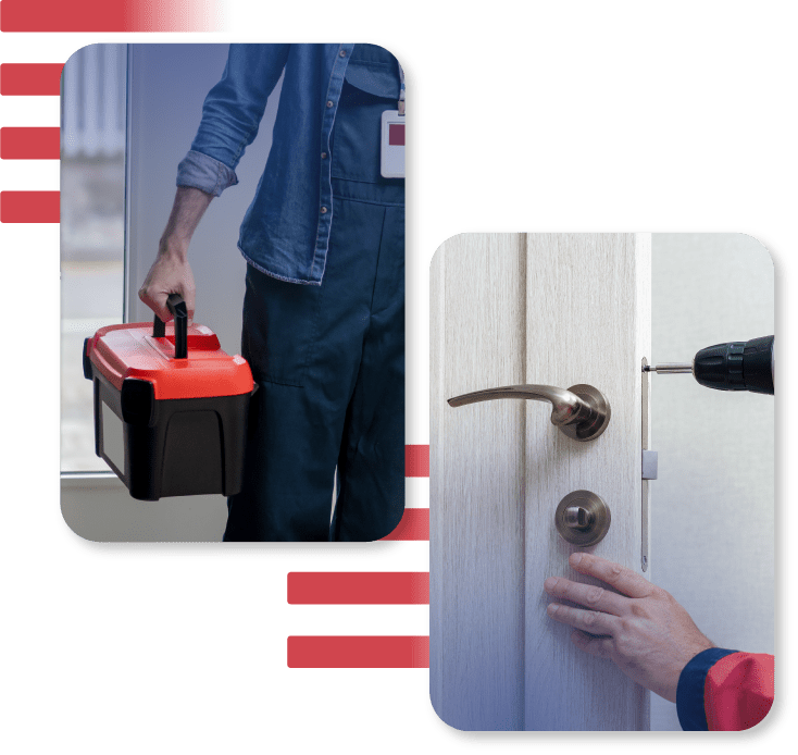 A Technician Carries A Tool Box, While Another Uses A Drill To Install A Lever Lock.