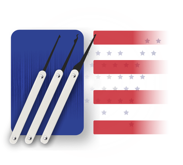 A Flag With Stars And Stripes Is Behind A Set Of Lock Picking Tools