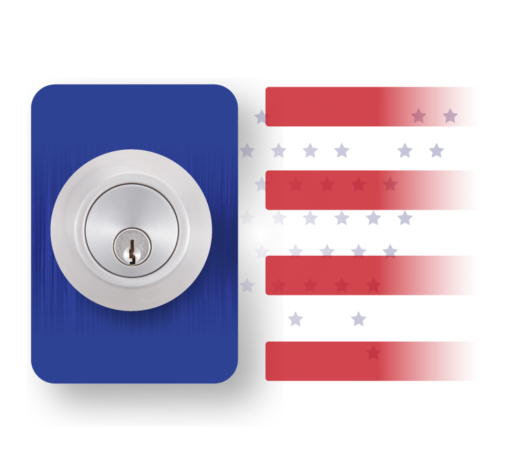 Decorative Image Of A Metal Deadbolt Lock With An American Flag On The Background